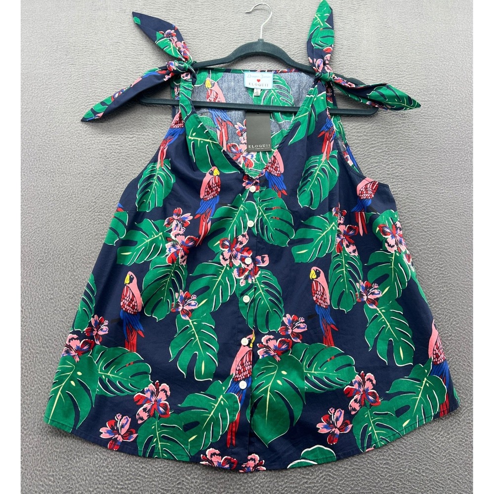 Draper James for ELOQUII Layton Parrot Print Tie Shoulder Top Navy Plus Size 14